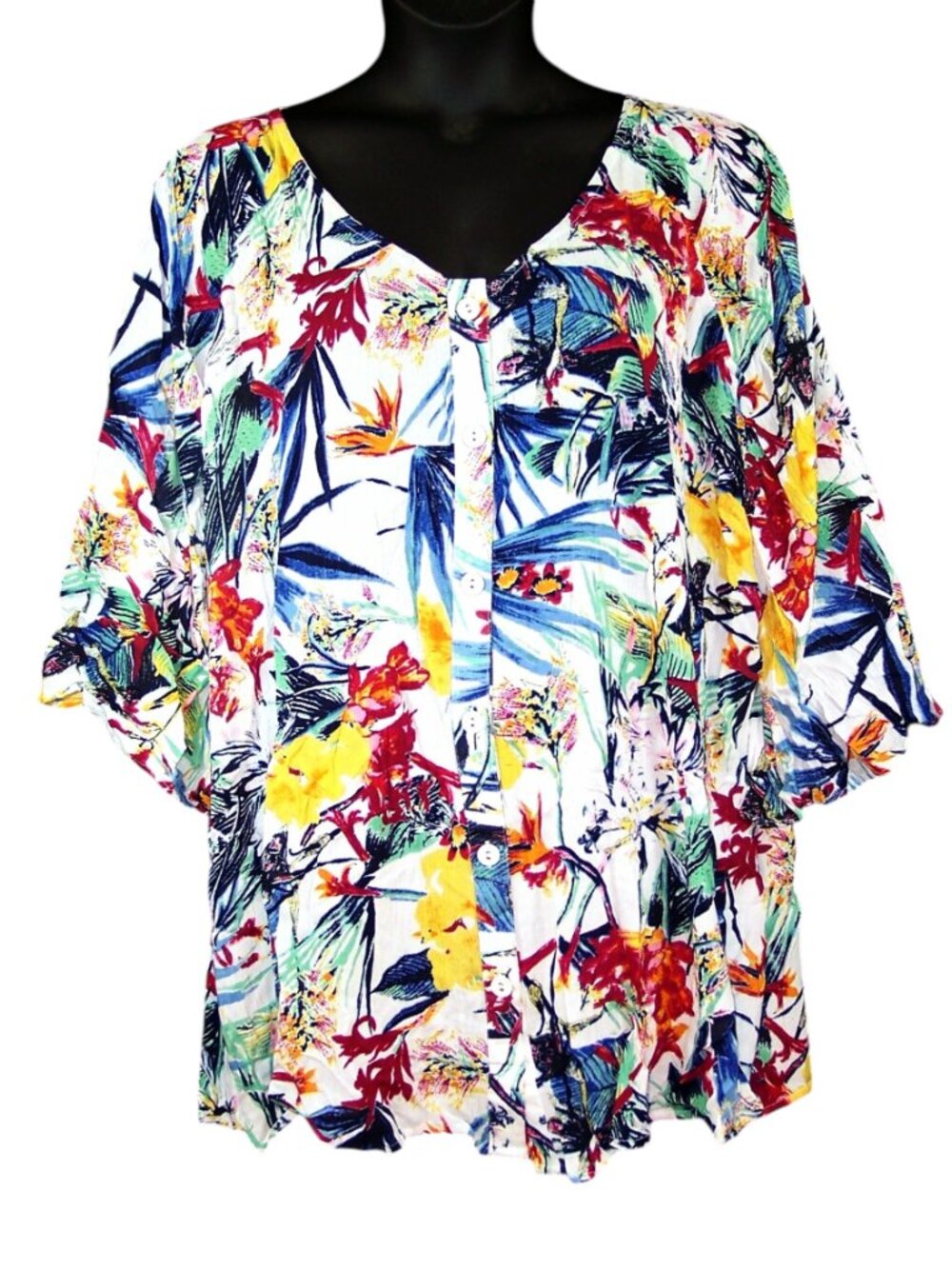 NEW Roaman's Angelina Tunic 22W Tropical Print Cold Shoulder Crinkle Crepe Top